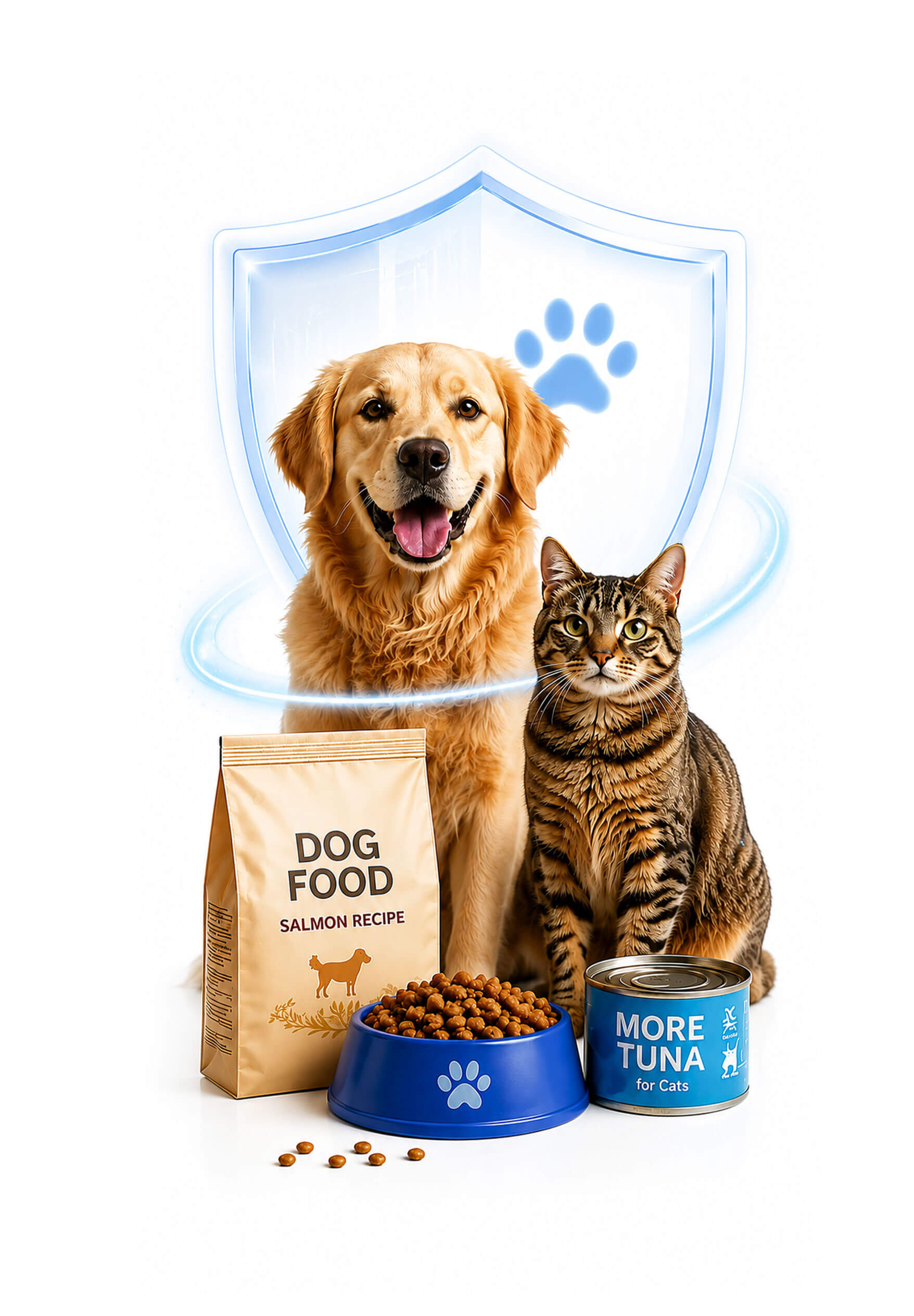 Dog and cat beside pet food bowls with a safety shield overlay
